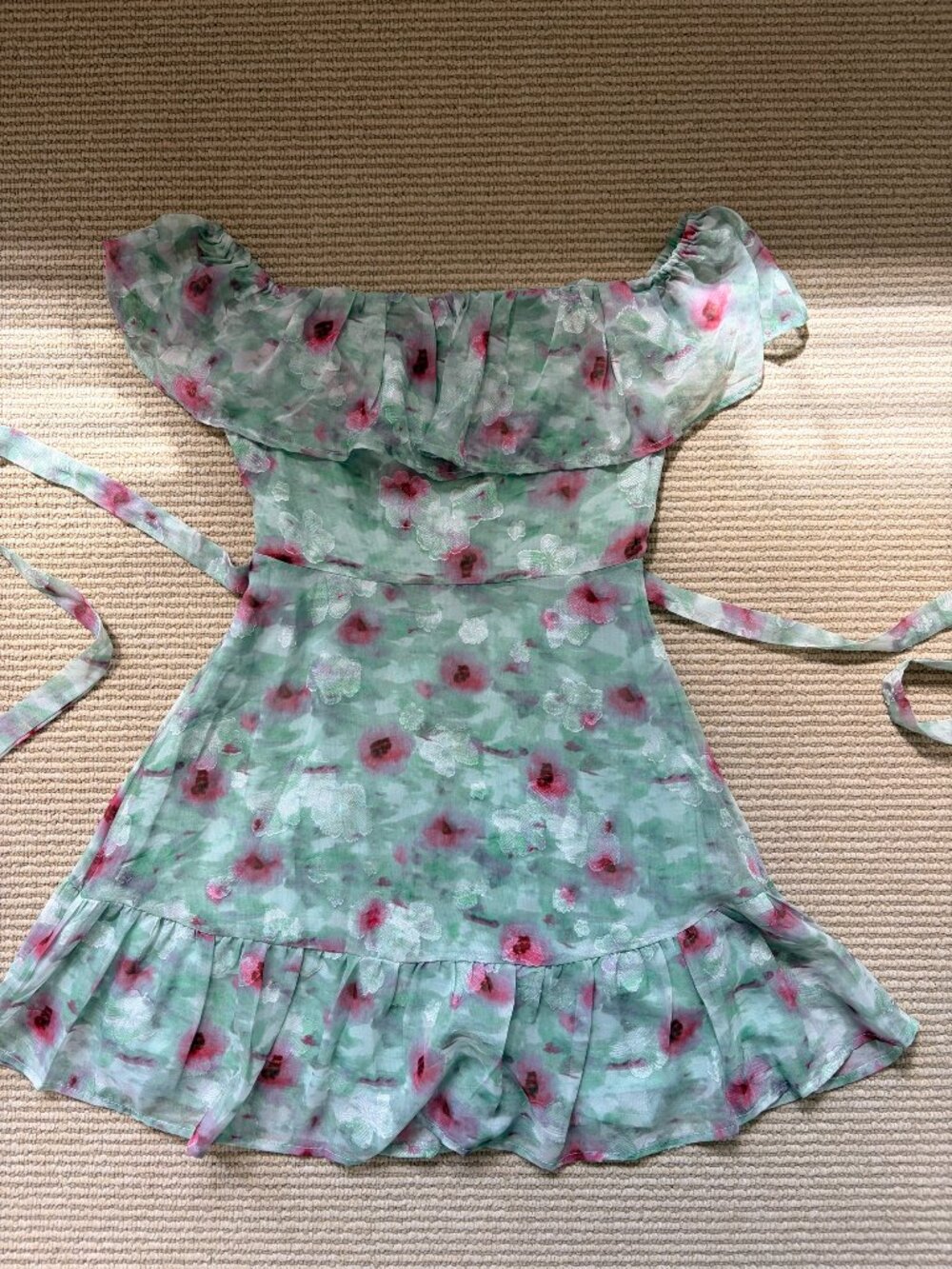 Lulus Sage Green Pink Floral Off-Shoulder Ruffle Mini Dress XS